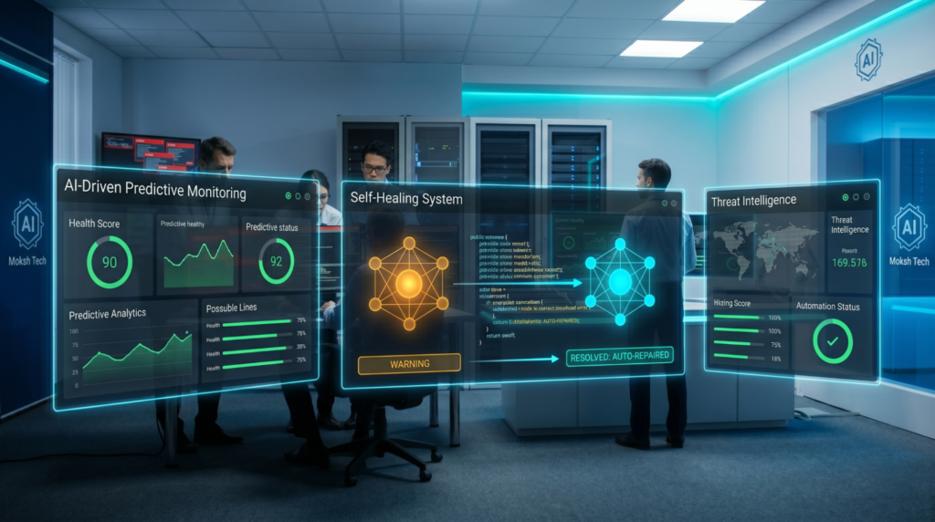 A modern IT operations center featuring digital displays for AI-driven predictive monitoring, self-healing systems, and threat intelligence.