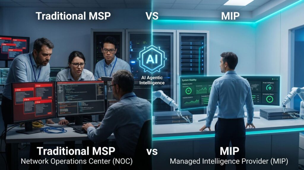 A comparison of a traditional Network Operations Center with stressed technicians versus a modern MIP environment utilizing AI agentic intelligence and robotics.