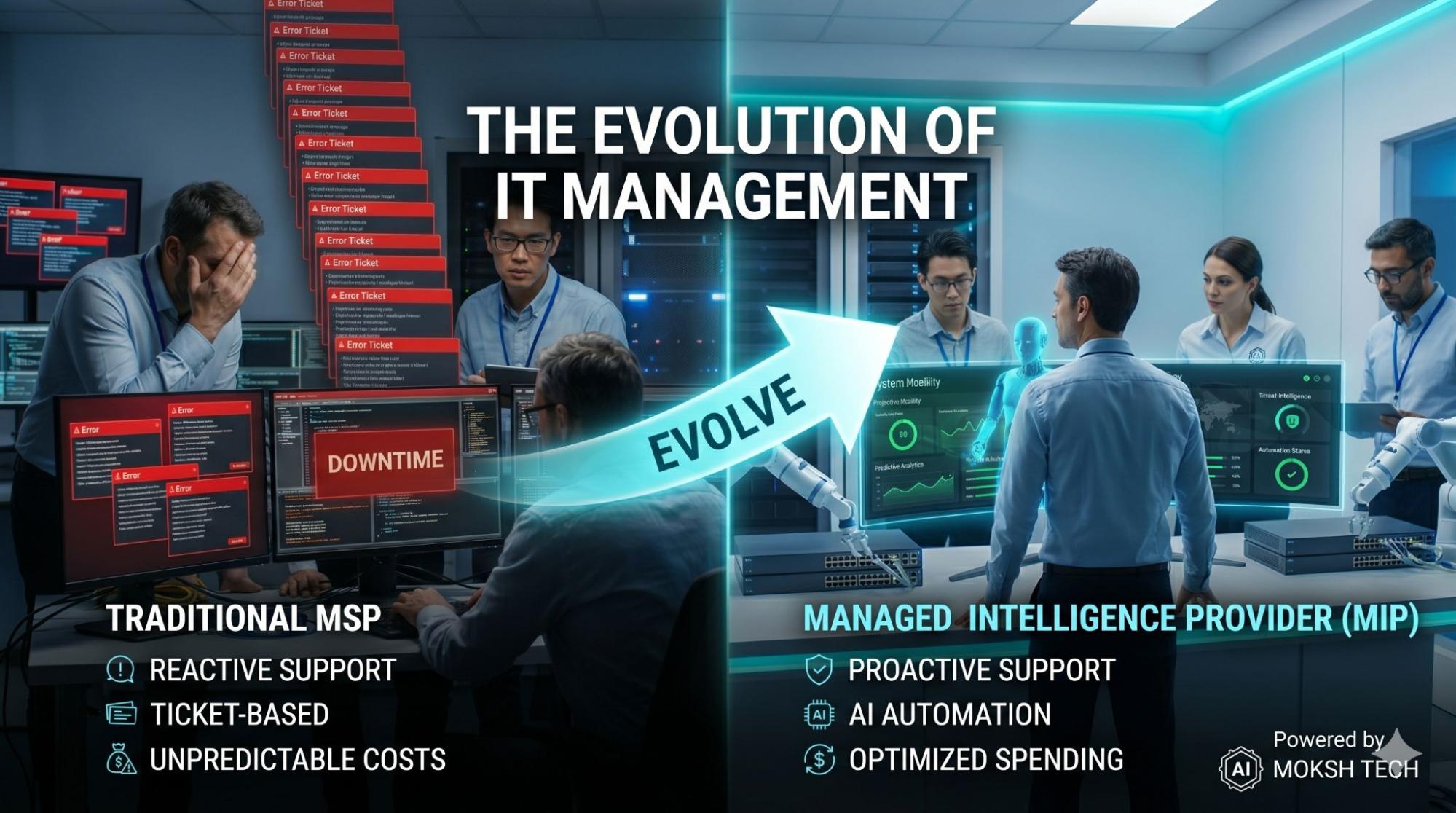Infographic illustrating the shift from reactive, ticket-based traditional MSP support to proactive, AI-automated MIP support with optimized spending.