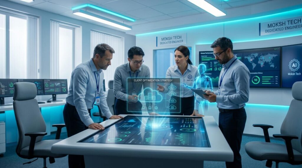 A team of Moksh Tech dedicated engineers collaborating around a futuristic touchscreen table discussing client optimization strategy and cloud management.