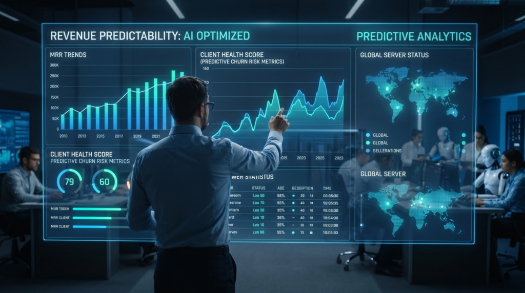 A professional analyzing a digital dashboard showing AI-optimized revenue predictability and client health scores.