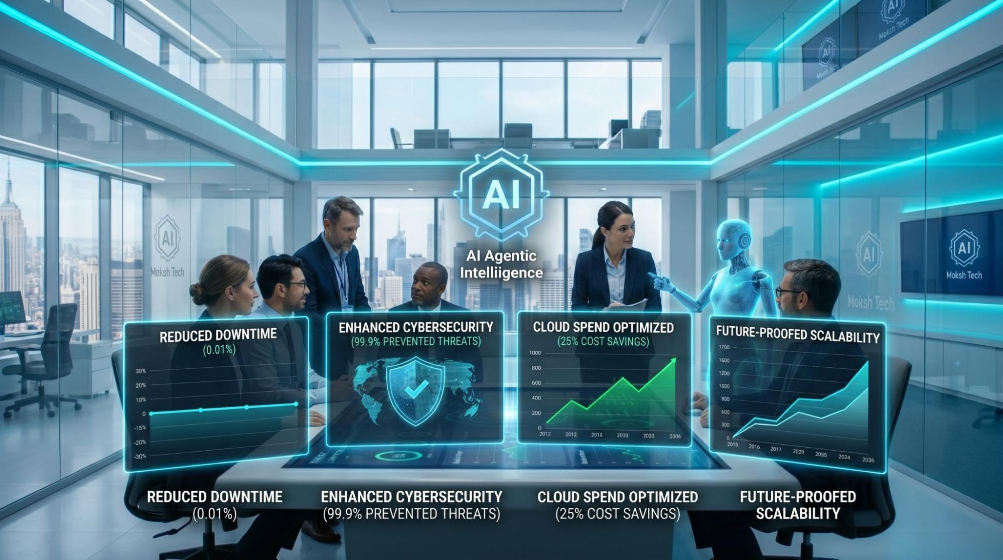 A boardroom setting displaying key MIP benefits including reduced downtime, enhanced cybersecurity, optimized cloud spend, and future-proofed scalability.